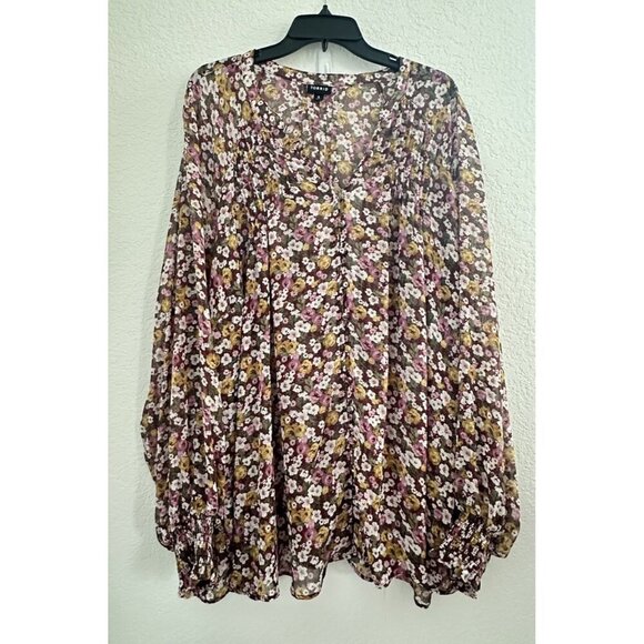 TORRID Blouse Top 5 Pink‎ Ditsy Floral Smocked Sleeve Hem Chiffon Peasant Boho - Picture 1 of 12
